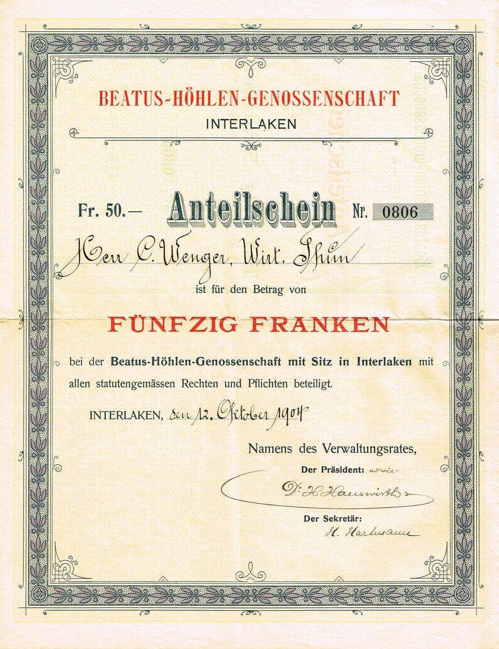 Anteilschein an der Beatus-Höhlen-Genossenschaft vom 12. Oktober 1904 (Symbolbild)