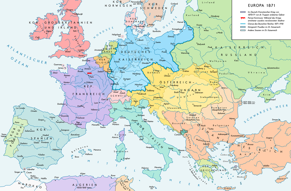 Europa 1871, nach dem Deutsch-Französischen Krieg von 1870-1871 und der Gründung des Deutschen Kaiserreichs.