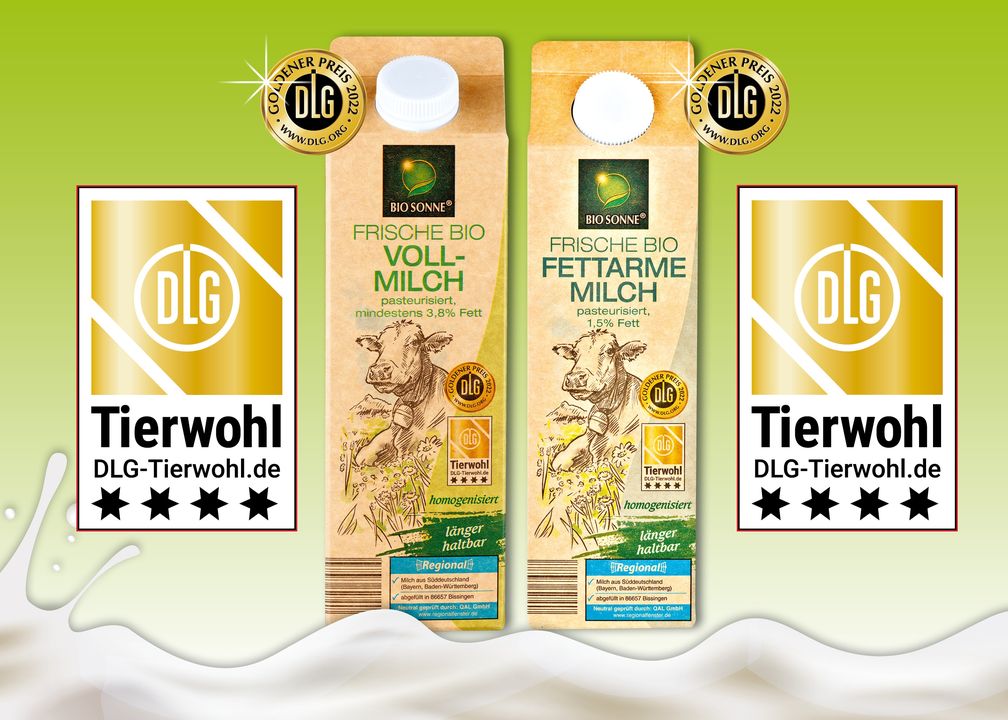 Die goldene Tierwohl-Prämierung im NORMA-Kühlregal: Die Milch von BIO SONNE erfüllt höchste Standards und wurde daher nun von DLG dafür ausgezeichnet.