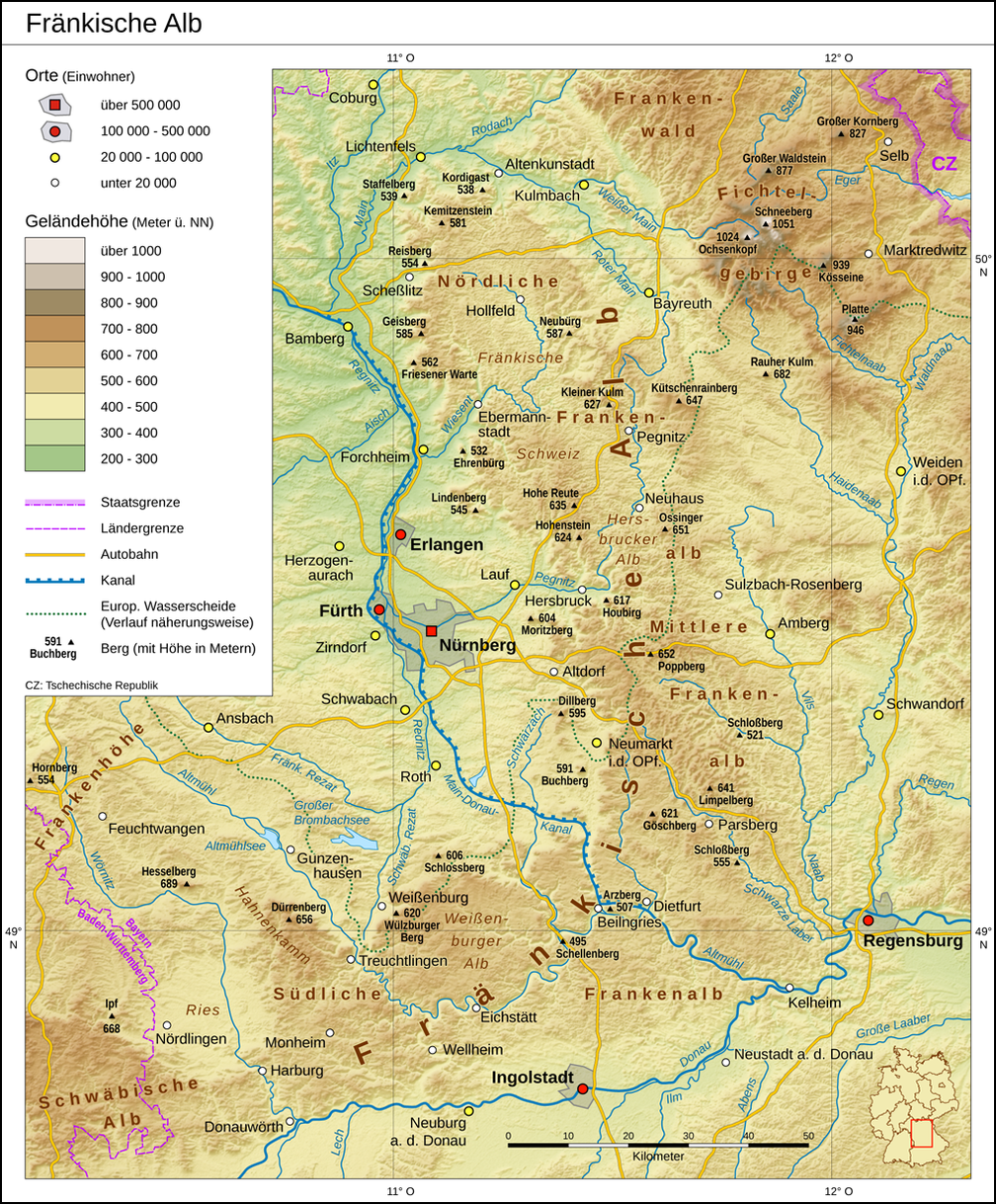 Die Fränkische Alb, auch Frankenalb oder Fränkischer Jura oder Frankenjura genannt, ist ein bis 656,4 m ü. NN, in auswärtigen Ausläufern (Hesselberg) sogar bis 689,4 m ü. NN hohes Mittelgebirge, das zum Südwestdeutschen Schichtstufenland in Bayern gehört und die noch deutlich höhere Schwäbische Alb jenseits des Nördlinger Rieses nach Ostnordosten und schließlich nach Nordnordwesten verlängert.