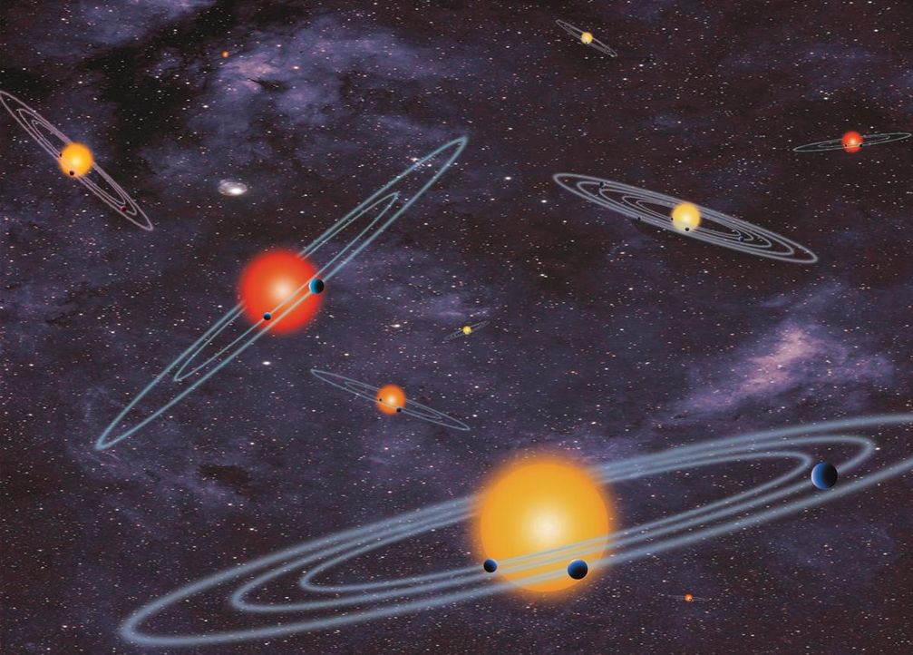Schematische Darstellung der Bahnen in Planeten­systemen, die mit der Transit­methode entdeckbar sind (NASA)