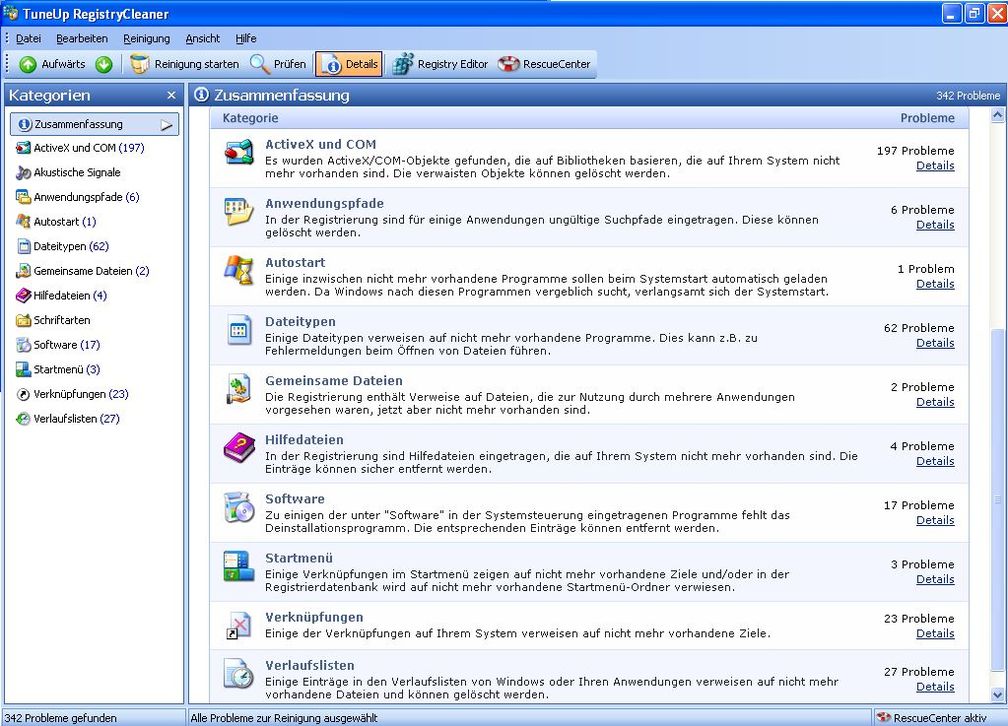 Der RegistryCleaner stellte einige Probleme in der Registrierungsdatenbank fest-
