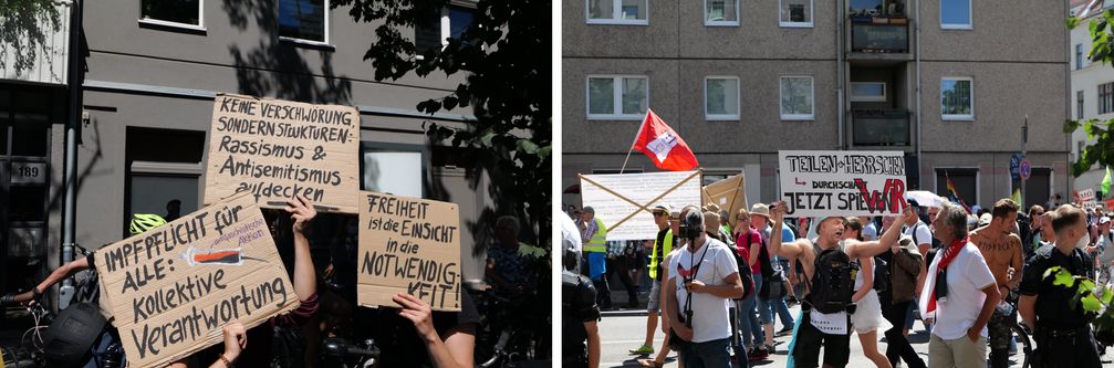 Protest von Demonstranten gegen die Coronaschutzmaßnahmen (re.) und Gegenprotest am Rand der Strecke (li.) am 1. August 2020 in Berlin, nach dem Ende der Demonstrationseinschränkungen.