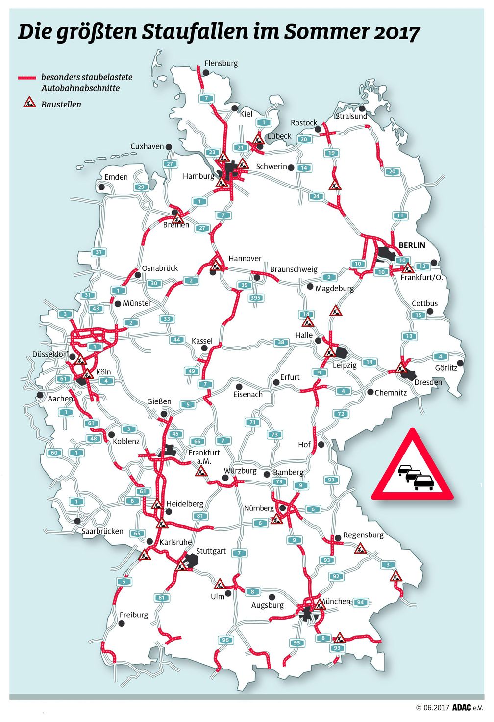 Stauprognose Deutschland Sommer 2017. Bild: "obs/ADAC/ADAC-Grafik"