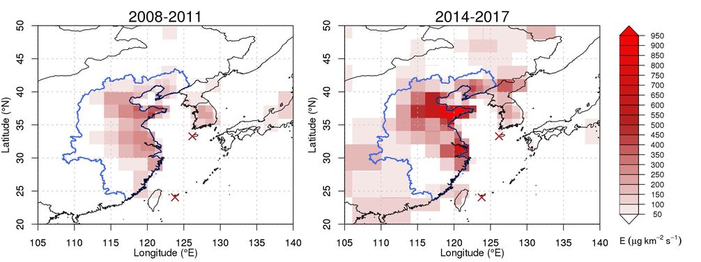 Regionale FCKW-11-Emissionen in Ostasien für die Jahre 2008-2011 und 2014-2017, wie sie aus Beobachtungen an den Messstationen Gosan und Hateruma (rote Kreuze).
Quelle: Empa (idw)