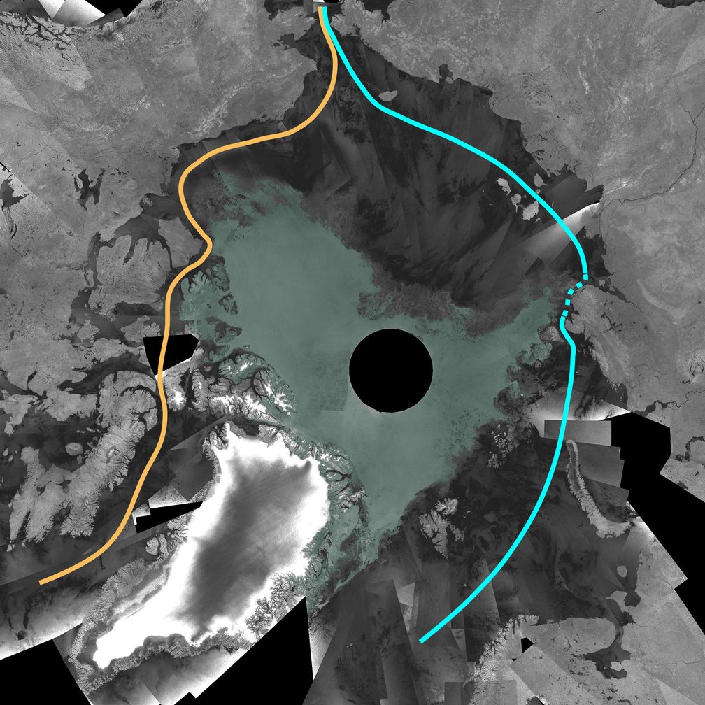 Bild des Satelliten Envisat (September 2007):Orange: Die direkteste Schiffs- und Handelsroute um den Nordpol, die „Nordwestpassage“Hellblau: Nur geringfügig von Eis blockierte „Nordostpassage“