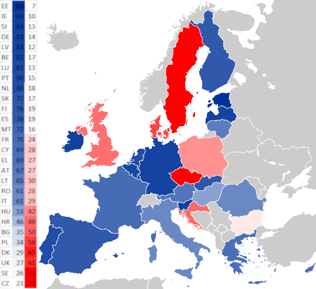 ﻿Rot: Ablehnung des Euro﻿; Blau: Zustimmung zum Euro (Stand März 2018)