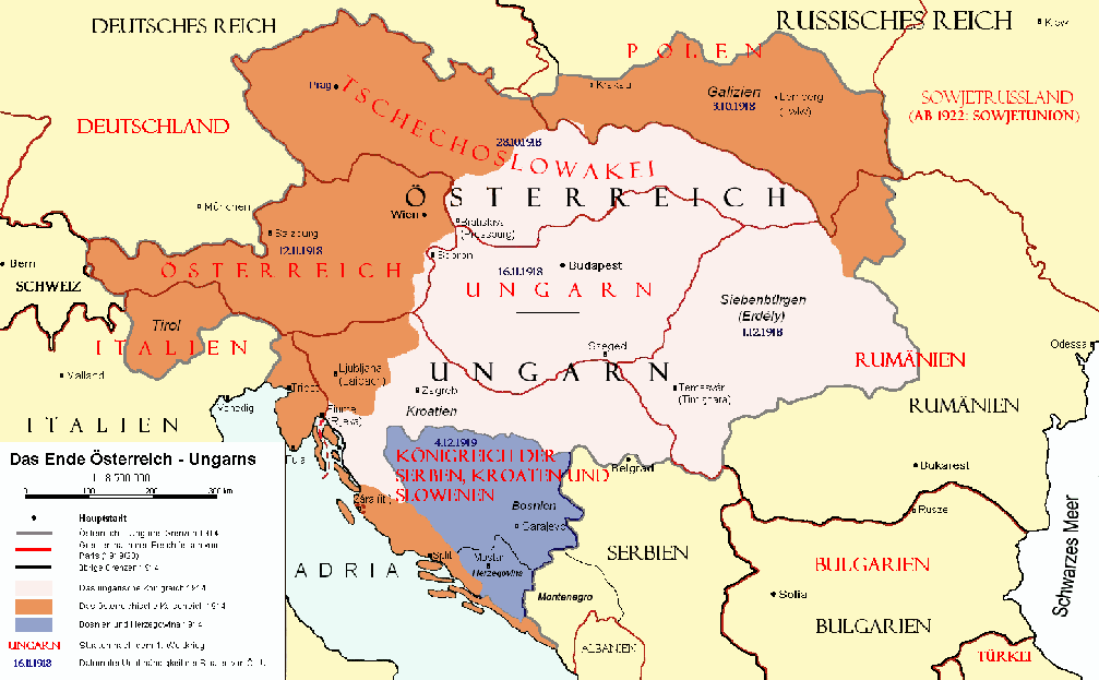 Karte der territorialen Aufteilung Österreich-Ungarns nach den Pariser Vorortverträgen ﻿