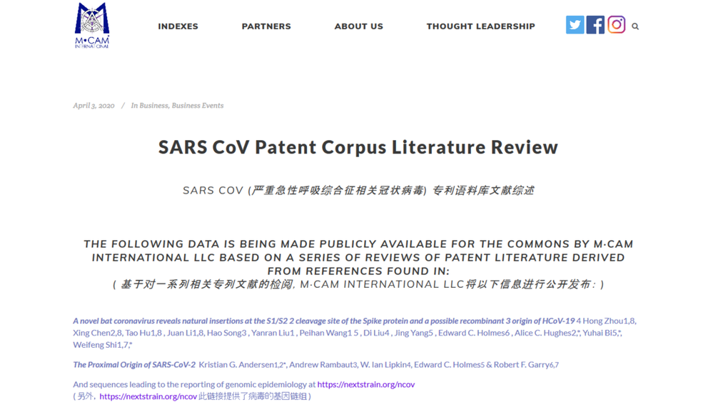 Dokumentation von Patenten zu SARS-CoV, die laut einem auf Innovationen spezialisierten Unternehmen aus den USA auch im Zusammenhang mit der aktuellen Corona-Krise von Bedeutung sein sollen