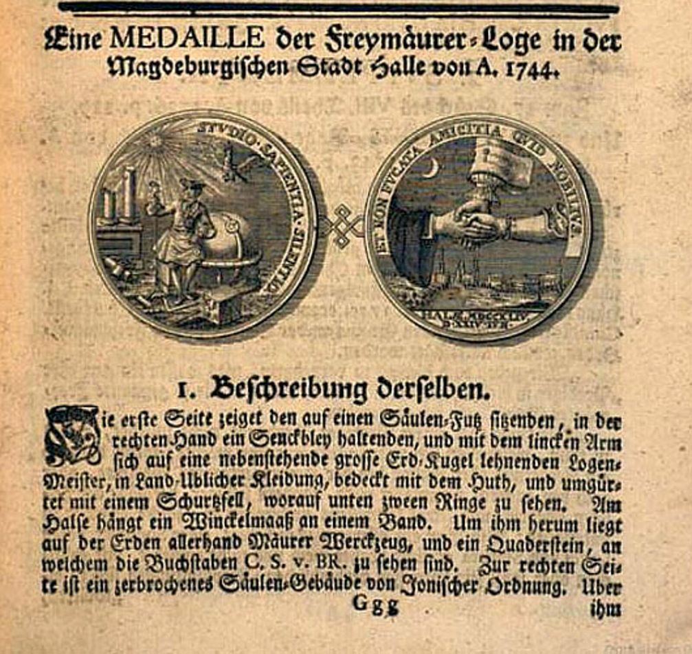 Avers und Revers der Medaille durch ein graphisches Verbindungselement zusammengehalten, die Einheit der beiden Medaillenseiten markierend. Erste Beschreibung der Brukenthal-Medaille in einer numismatischen Zeitschrift. Bild: Archiv Balazs/UM/Eigenes Werk