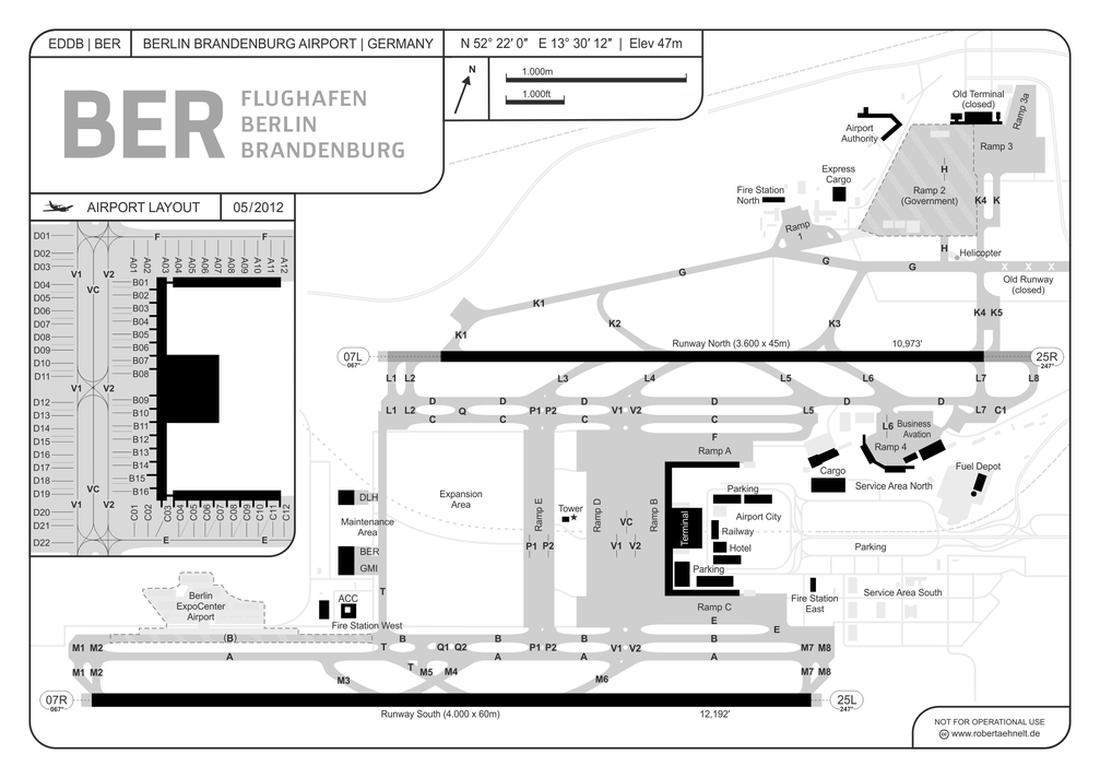 Layout des Flughafens Berlin Brandenburg (BER/EDDB) zum Eröffnungszeitpunkt