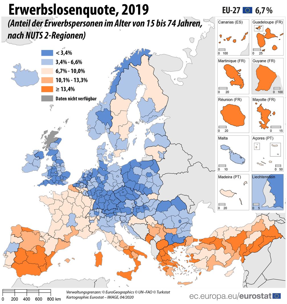Erwerbslosenquote, 2019 (Anteil der Erwerbspersonen im Alter von 15 bis 74 Jahren, nach NUTS 2-Regionen)  Bild: "obs/EUROSTAT"