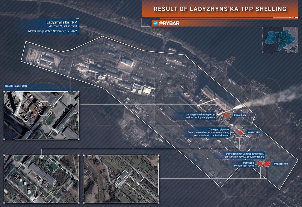 Infografik Rybar: Satellitaufnahme des Wärmekraftwerks Ladyschin Bild: Rybar /RT