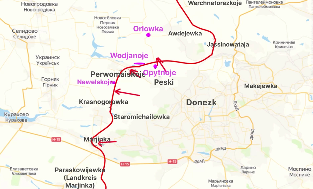 Karte über die Entwicklungen im Ukraine-Krieg am Frontabschnitt in der Volksrepublik Donezk Bild: Juri Podoljaka