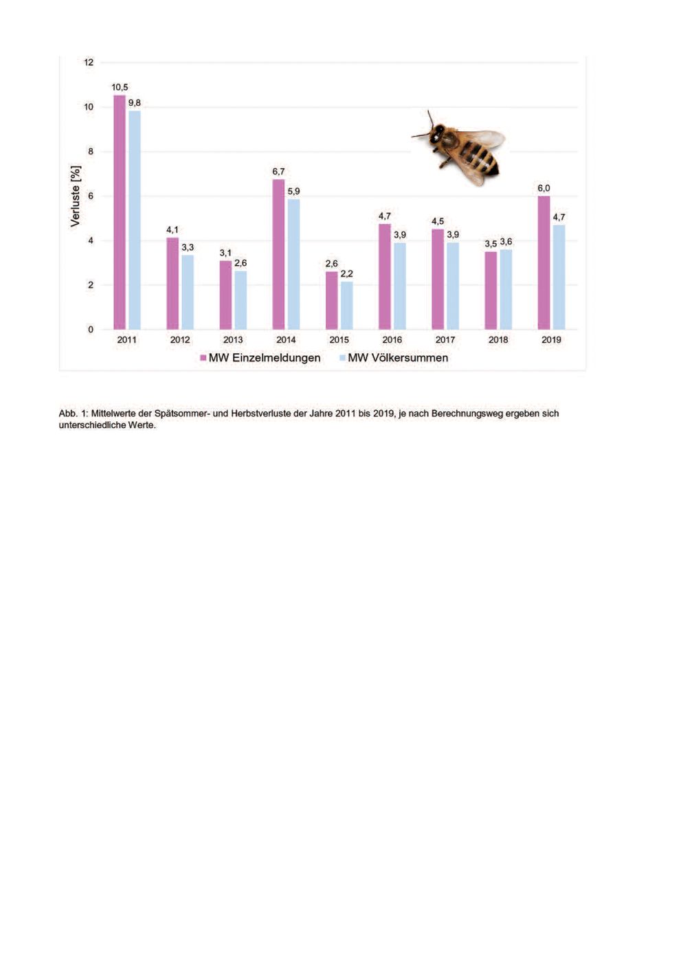 Spätsommer- und Herbstverluste der Jahre 2011 bis 2019 laut Umfrage des Fachzentrums Bienen und Imkerei in Mayen, an der sich jährlich Tausende Imkereien beteiligen. Bild: "obs/Deutscher Imkerbund e. V./Fachzentrum Bienen/Imkerei Mayen"