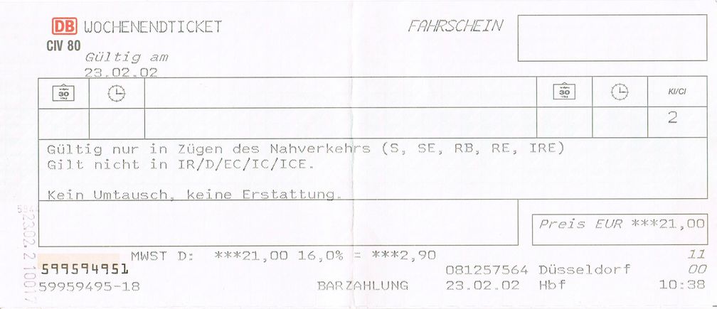 Ein Schönes-Wochenende-Ticket zum Preis von 21 Euro (2002)