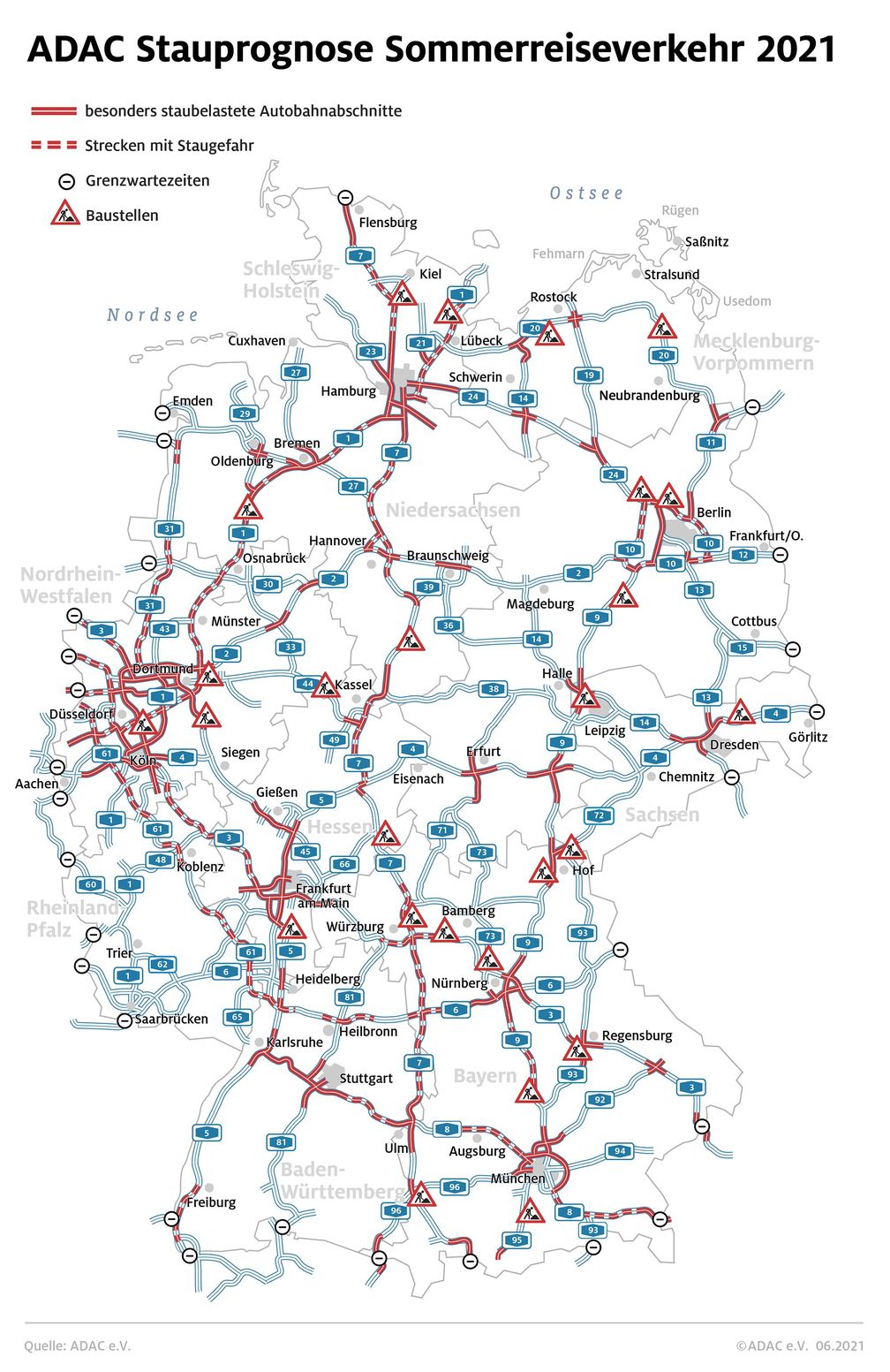 Auf diesen Autobahnabschnitten drohen im Reisesommer 2021 Staus  Bild: ADAC Fotograf: © ADAC