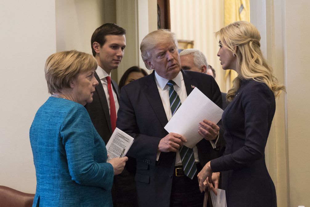 President Donald Trump talks with German Chancellor Angela Merkel, Friday, March 17, 2017, in the outer Oval Office, joined by Senior White House Advisor Jared Kushner and Ivanka Trump, at the White House in Washington, D.C. (Official White House Photo by Shealah Craighead)