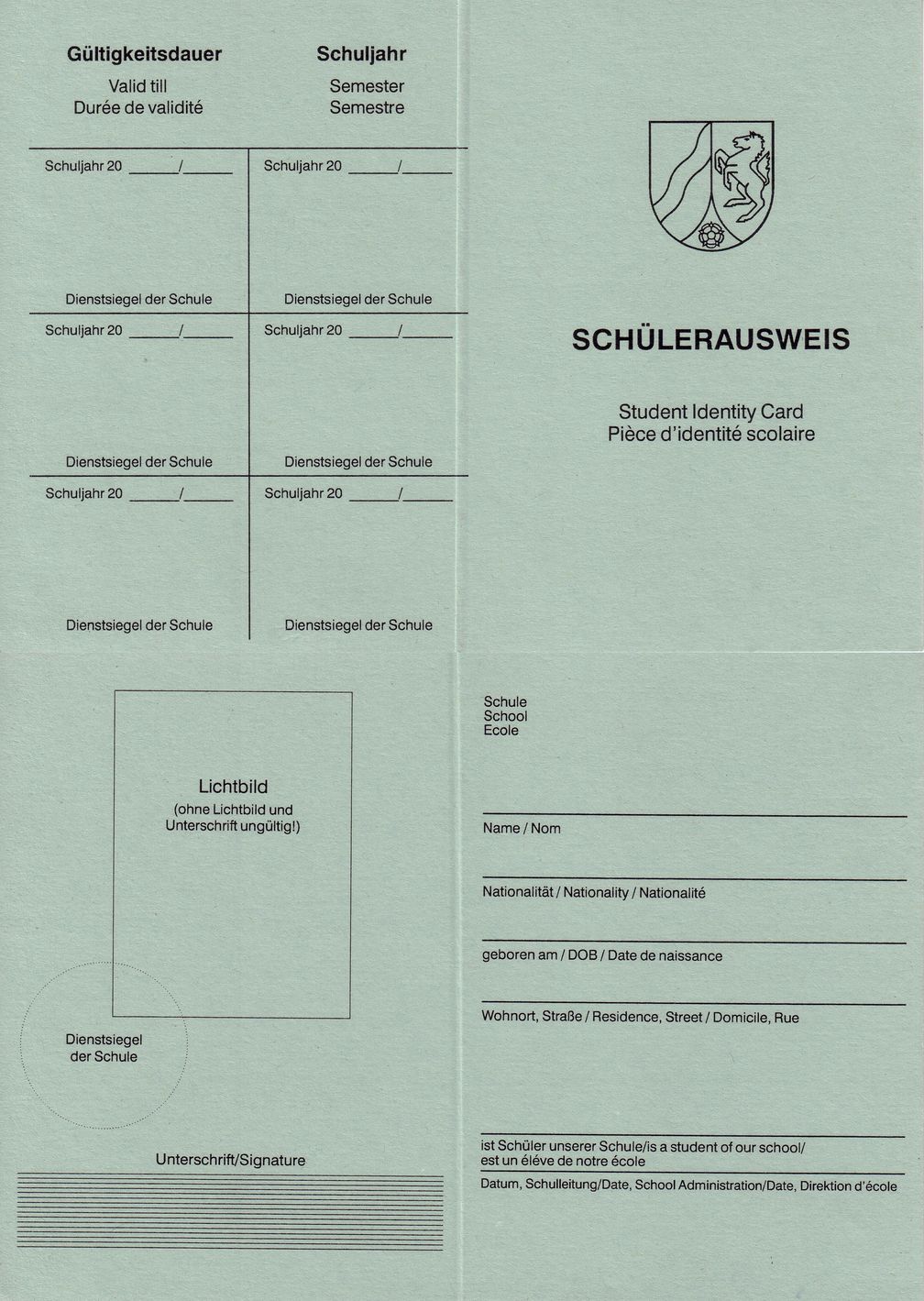 Schülerausweis, ausgestellt in Nordrhein-Westfalen