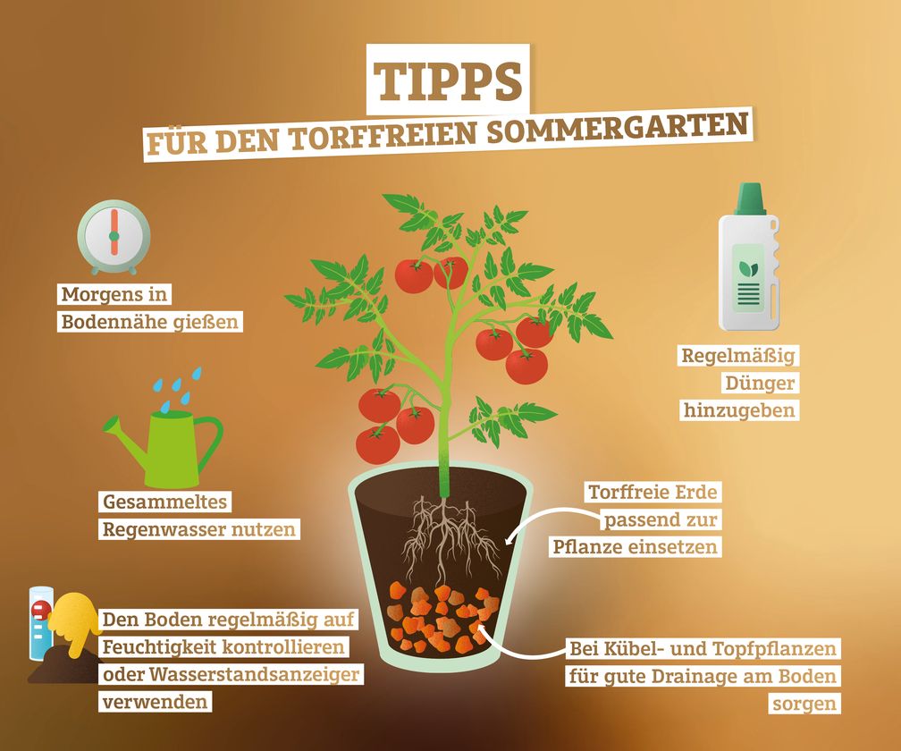 Torffrei durch den Sommer: Grünpflege im Sommer heißt vor allem, die Pflanzen in Töpfen, Kübeln oder im heimischen Garten ausreichend mit Wasser zu versorgen. Für das Gärtnern mit torffreier Erde gilt das umso mehr, da die Fähigkeit, Wasser zu speichern, etwas geringer ist als bei torfhaltigen Substraten.