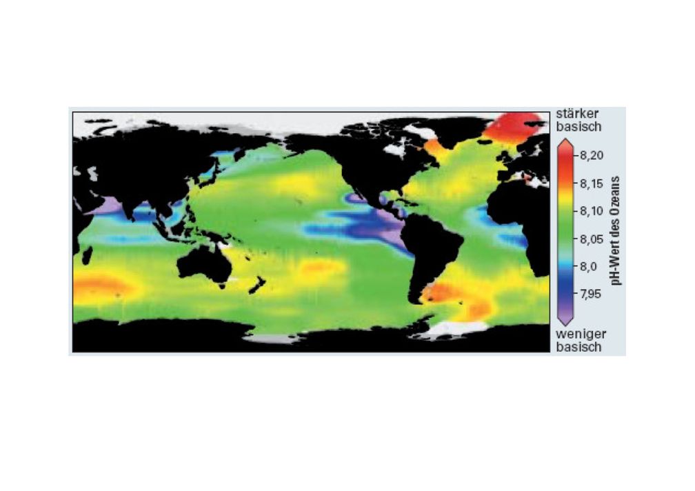 Abbildung 6 zeigt die unterschiedlichen pH-Werte der Weltmeere. Grafik: EIKE