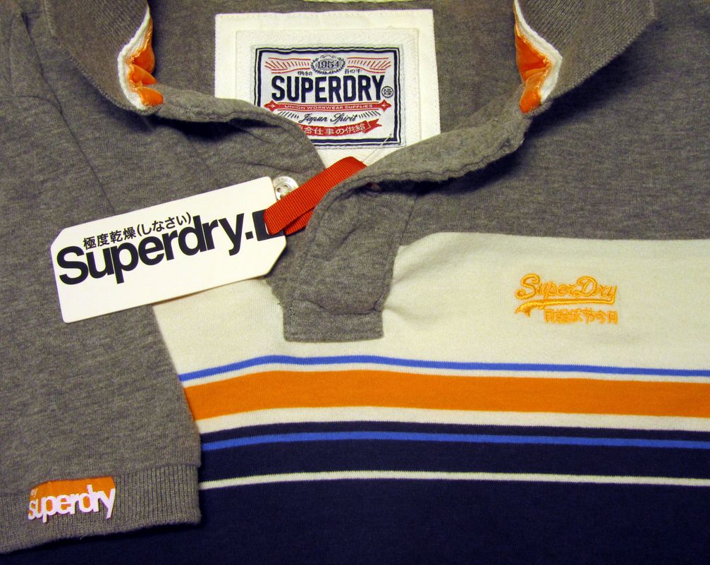 Verschiedene Varianten der Logos und Schriftzüge von Superdry auf einem Poloshirt.