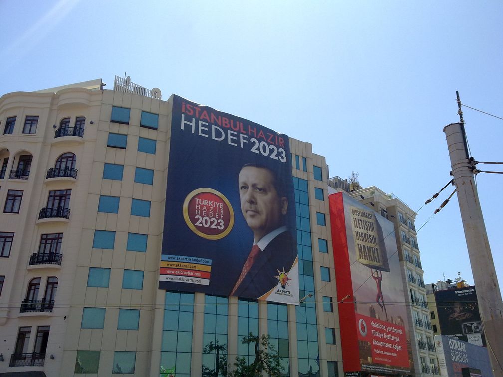 An election campaign poster featuring Erdoğan: "Istanbul is Ready, Target 2023", Taksim, Istanbul.