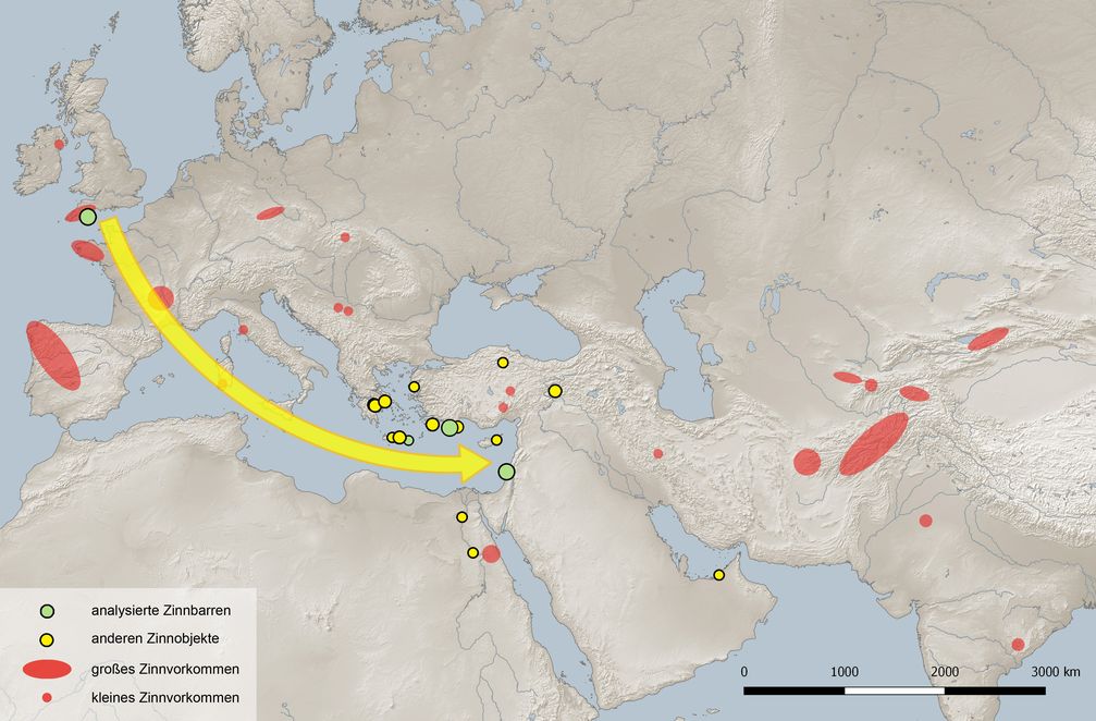 Zinnvorkommen auf dem eurasischen Kontinent und Verbreitung von Zinnfunden im Untersuchungsgebiet aus der Zeit von 2500 bis 1000 vor Christus
Quelle: Quelle: Berger et al. 2019 (Bearbeitung Daniel Berger) (idw)