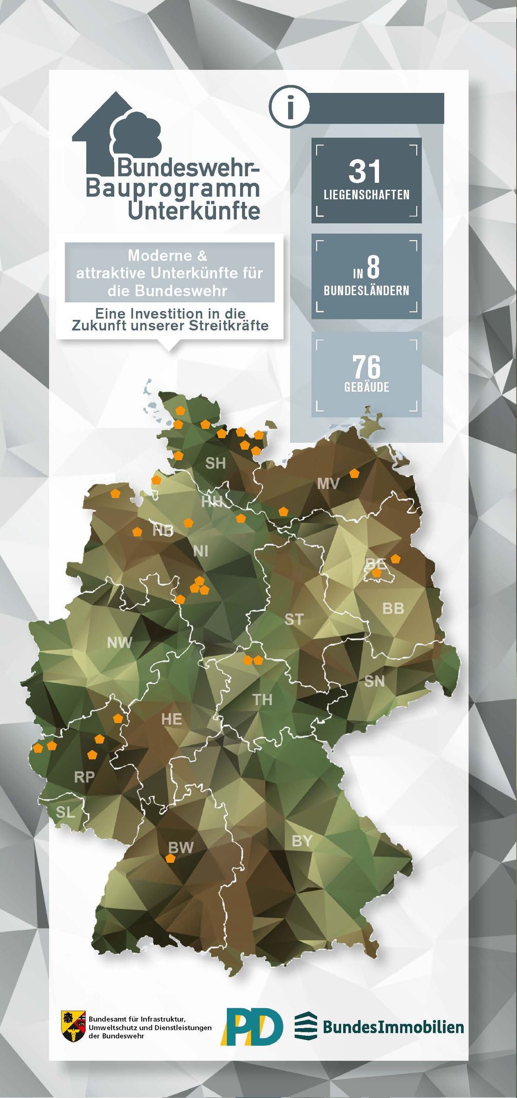 Deutschlandkarte mit den Standorten des Bundeswehr-Bauprogramms Unterkünfte Bild: Bundeswehr Fotograf: BAIUDBw - PIZ IUD