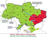 Der rote Bereich, also der Donbass und angrenzende Regionen machen rund 50% des BIP der Ukraine aus. Nimmt man noch Kherson, Mykolaiv, Odessa, Kharkiv dazu, entspricht das 75% des BIP. Die Ukraine wäre so nicht lebensfähig.