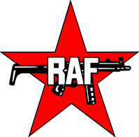 Das Logo der RAF: Ein Roter Stern und eine Maschinenpistole Heckler & Koch MP5