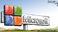 Im Bild: Ein Cartoon zu Microsofts Eingeständnis, dass seine Mitarbeiter Benutzeraufnahmen abhören können Bild: Sputnik / Witali Podwizki