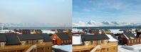 Dunst über Spitzbergen. Links (2. Mai 2006) ist deutlich die Verfärbung der unteren Atmosphäre zu erkennen. Am 8. Mai (rechts) ist die verschmutzte Luftschicht verschwunden. Foto: Jürgen Graeser/ Alfred-Wegener-Institut 