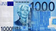 Sinnbild der Inflation: Das Antlitz der EZB-Präsidentin auf einem noch nicht existenten 1000-Euro-Schein. Bild: RT
