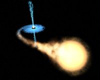 Künstlerische Darstellung eines Doppelsternsystems. Ein schwarzes Loch, der Überrest eines ehemals massereichen Sterns, akkretiert Gas der Atmosphäre seines Partners. Bild: de.wikipedia.org