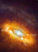 Künstlerische Darstellung der Entstehung von Gammastrahlung. Von Sagittarius A* beschleunigte Protonen wechselwirken mit Molekülwolken der Umgebung, was Pionen erzeugt, die zu Gammaphotonen zerfallen. Quelle: Grafik: Dr Mark Garlick / H.E.S.S. Collaboration (idw)