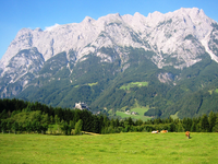 Die mächtige Westwand des Tennengebirges von der Anhöhe über Werfen aus gesehen. Von der Bildmitte unten links: Die Festung Hohenwerfen. Ganz links oben: Der Hochkogel, in dessen Innerem sich die berühmte Eisriesenwelt befindet