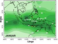 Niederschlagsverteilung über Indonesien in mm/Jahr zur Zeit des Wintermonsuns
Quelle: Abbildung: Autorenteam (idw)