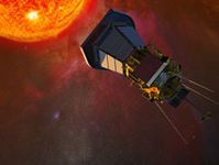 The Solar Probe Plus spacecraft with solar panels folded into the shadows of its protective shield, gathers data on its approach to the Sun. Bild: NASA / JHU/APL 