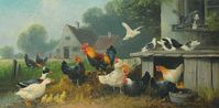 Hühnerhof mit Enten, Tauben, Küken, Hühnern und Hahn auf einem Gemälde von Otto Scheuerer (1862–1934), Symbolbild