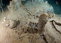 Fund eines prähistorischen menschlichen Skeletts in der Chan-Hol-Höhle bei Tulúm auf der Halbinsel Yukatan. Das Bild entstand vor der Plünderung der Fundstelle durch unbekannte Höhlentaucher. Quelle: Foto: Tom Poole, Liquid Junge Lab (idw)