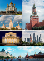 Im Uhrzeigersinn: Erlöserturm des Kremls, Moskau City, Roter Platz, Bolschoi-Theater, Lomonossow-Universität, Christ-Erlöser-Kathedrale (Symbolbild)