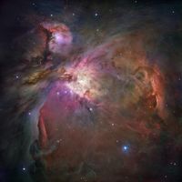 Gesamtbild des Orion Nebels mit dem Sternhaufen im Zentrum: Das mutmaßliche Schwarze Loch wäre genau zwischen den vier hellen Sternen, welche das Zentrum des Sternhaufens markieren. Dies sind die Trapezsterne des Orionnebelhaufens.
Quelle: (c) Foto: NASA/ESA/Hubble Space Telescope (idw)