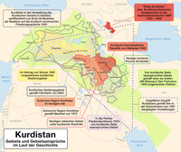 Ausdehnung Kurdistans und Gebietsansprüche im Laufe der Geschichte. Als Kurdistan wird ein nicht genau begrenztes Gebiet in Vorderasien bezeichnet, das als historisches Siedlungsgebiet von Kurden betrachtet wird.