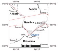 Das dreieckige Linyanti-Feuchtgebiet liegt in Namibia an der Grenze zu Botswana. Die Ländergrenzen sind rot dargestellt.
Quelle: Bild: Tobias Landmann (idw)