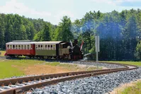 Ein Dampflok-gezogener Zug bewegt sich am Eröffnungstag, dem 26. Juni 2021, auf der verlängerten Strecke der Staatswaldbahn Csömödér bei Kistolámcs. Bild: MTI/György Varga/UM/Eigenes Werk