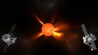 Die zwei STEREO-Sonden beim Beobachten von koronalen Masseauswürfen an der Sonne, künstlerische Darstellung. Abb.: NASA/Walt Feimer