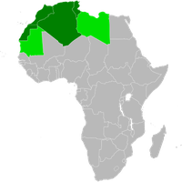 Die Maghreb-Staaten im engeren (dunkelgrün) sowie weiteren Sinne (dunkel- und hellgrün)