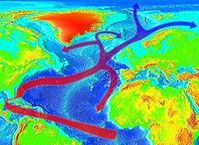 Darstellung des Golfstroms, der westlich der Britischen Inseln als Nordatlantikstrom fortgesetzt wird. Bild: RedAndr / de.wikipedia.org