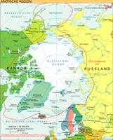 Politische Karte der Arktis, die Rote Linie ist die 10-°C-Juli-Isotherme